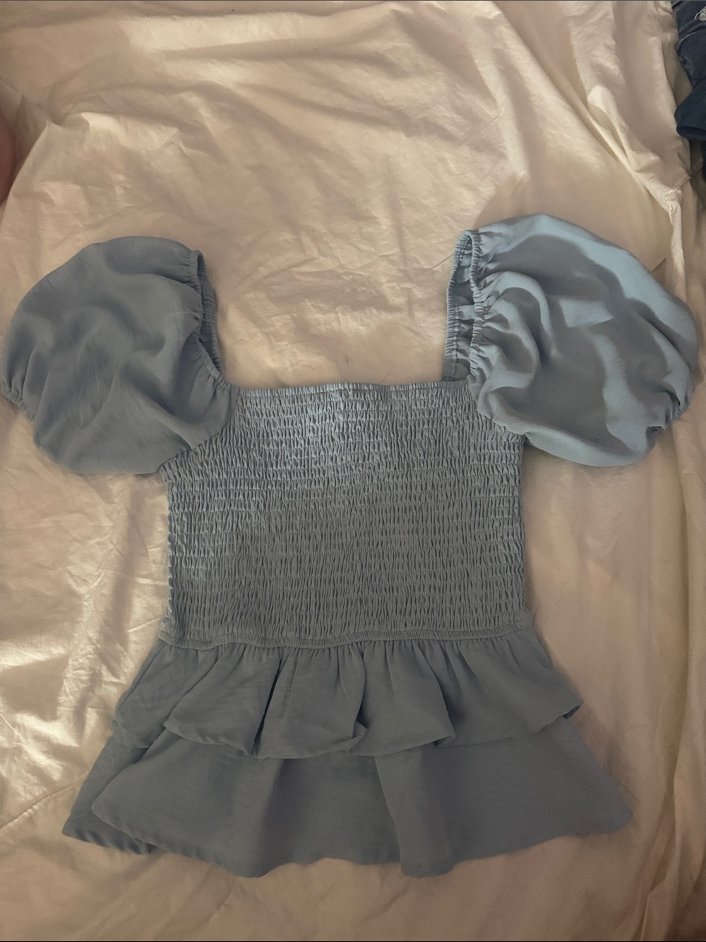 Altar'd State Light Blue Smocked Puff-Sleeve Peplum Top
